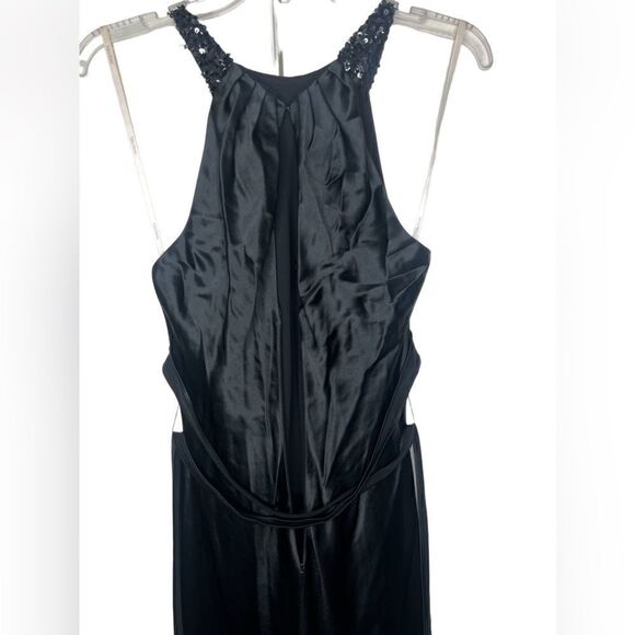 Vera Wang Black Satin Sleeveless Sequin Neck Keyhole Back Evening Maxi Gown 8 - Picture 8 of 16